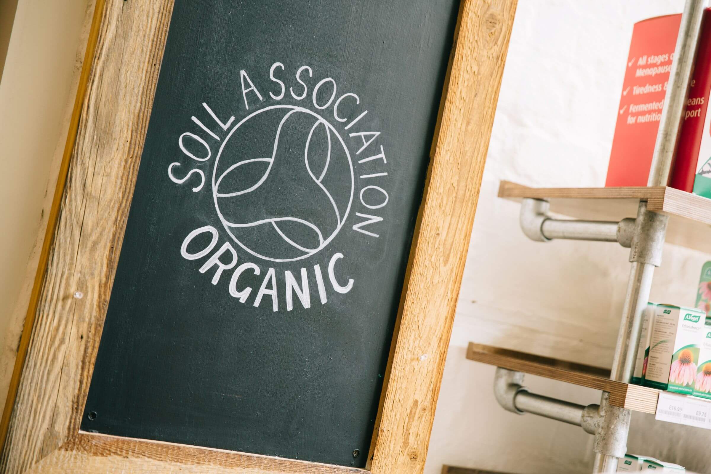 The Soil Association organic symbol on a chalkboard